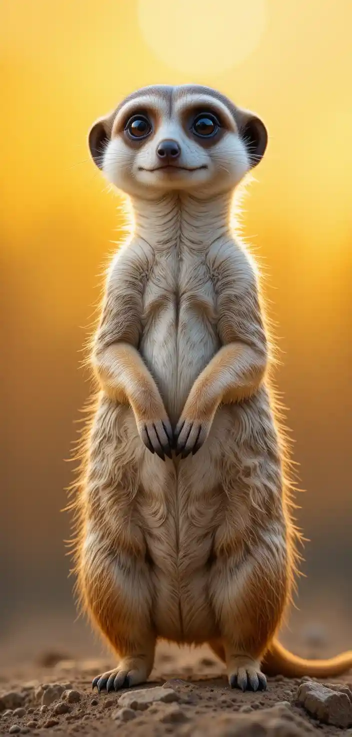 Cute meerkat standing upright against warm sunset colors