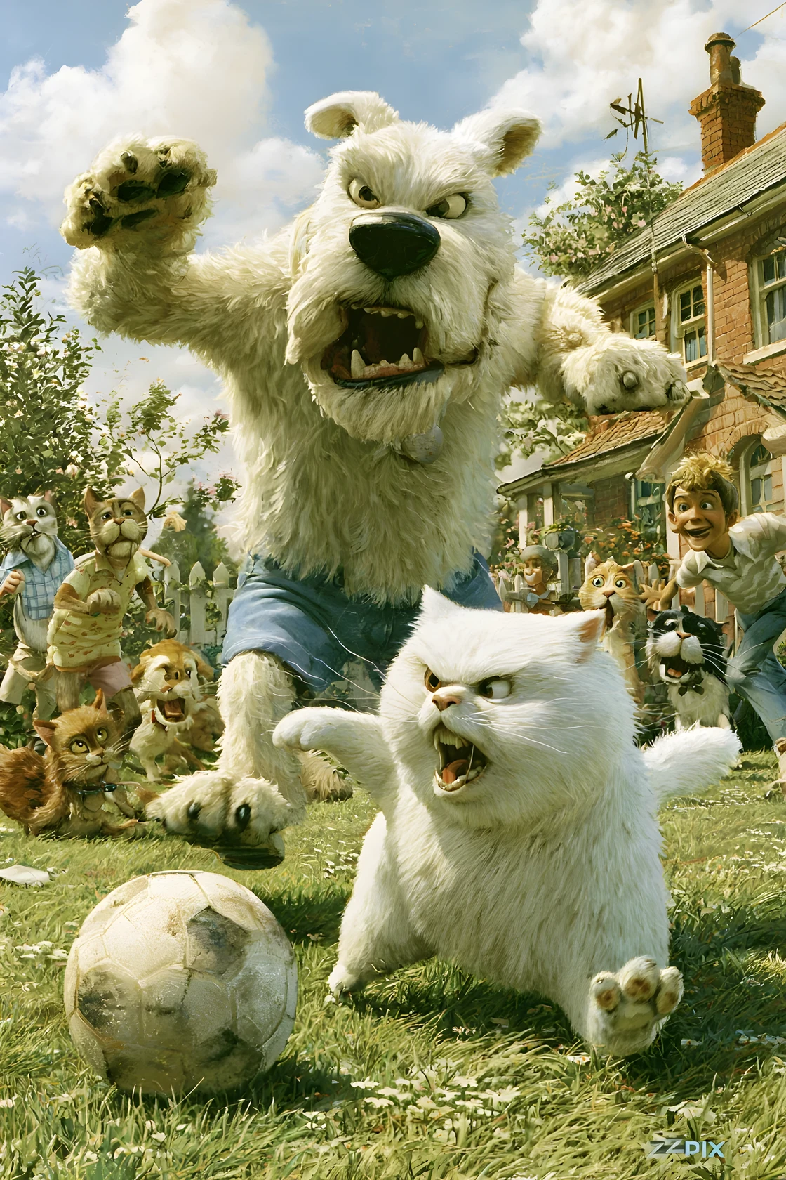 Perro gruñón y gato blanco jugando al fútbol en el jardín