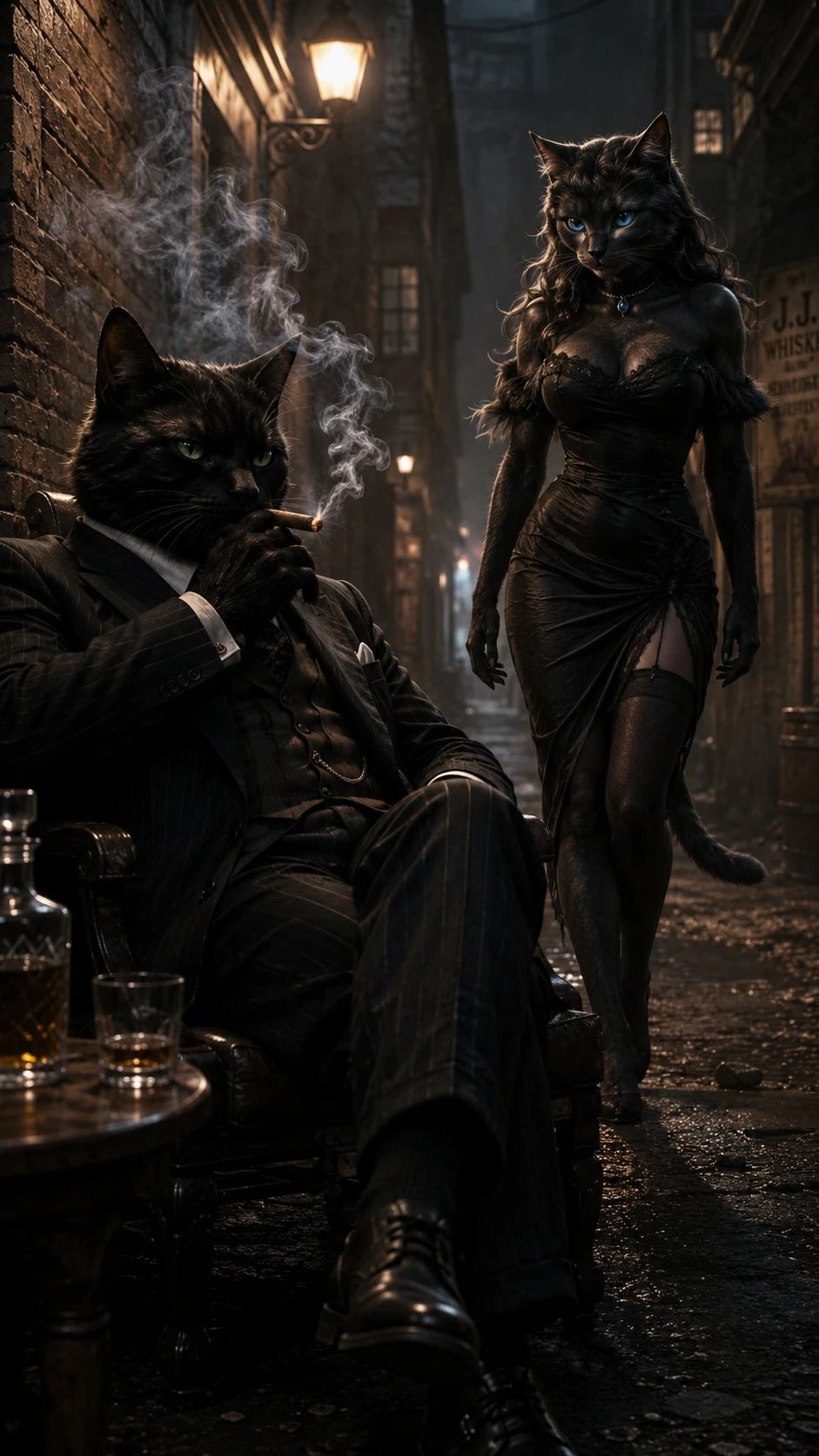 Gato gánster negro fumando en un callejón urbano oscuro
