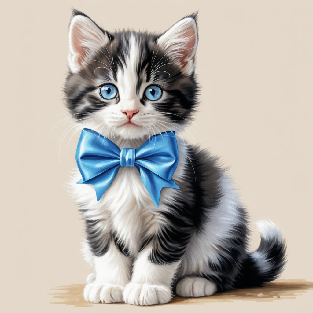 Cute black and white kitten with blue eyes and bow