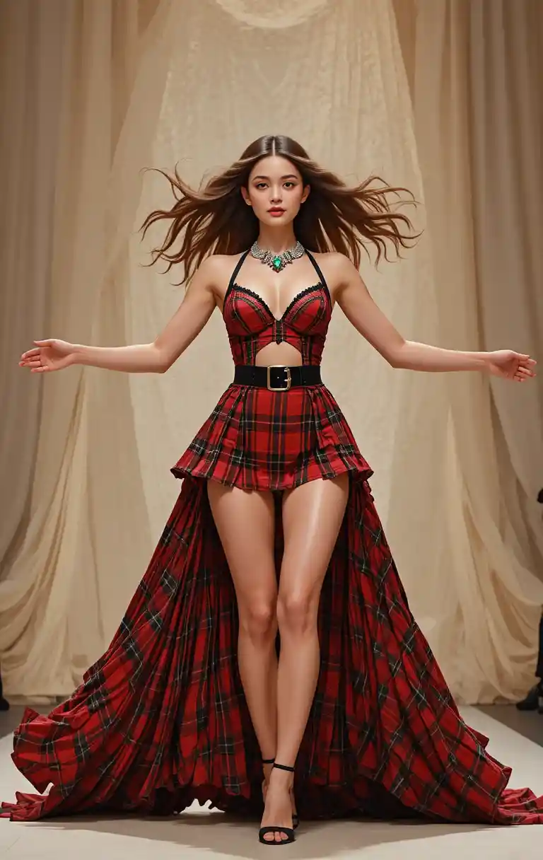Confident model in red plaid lingerie on runway
