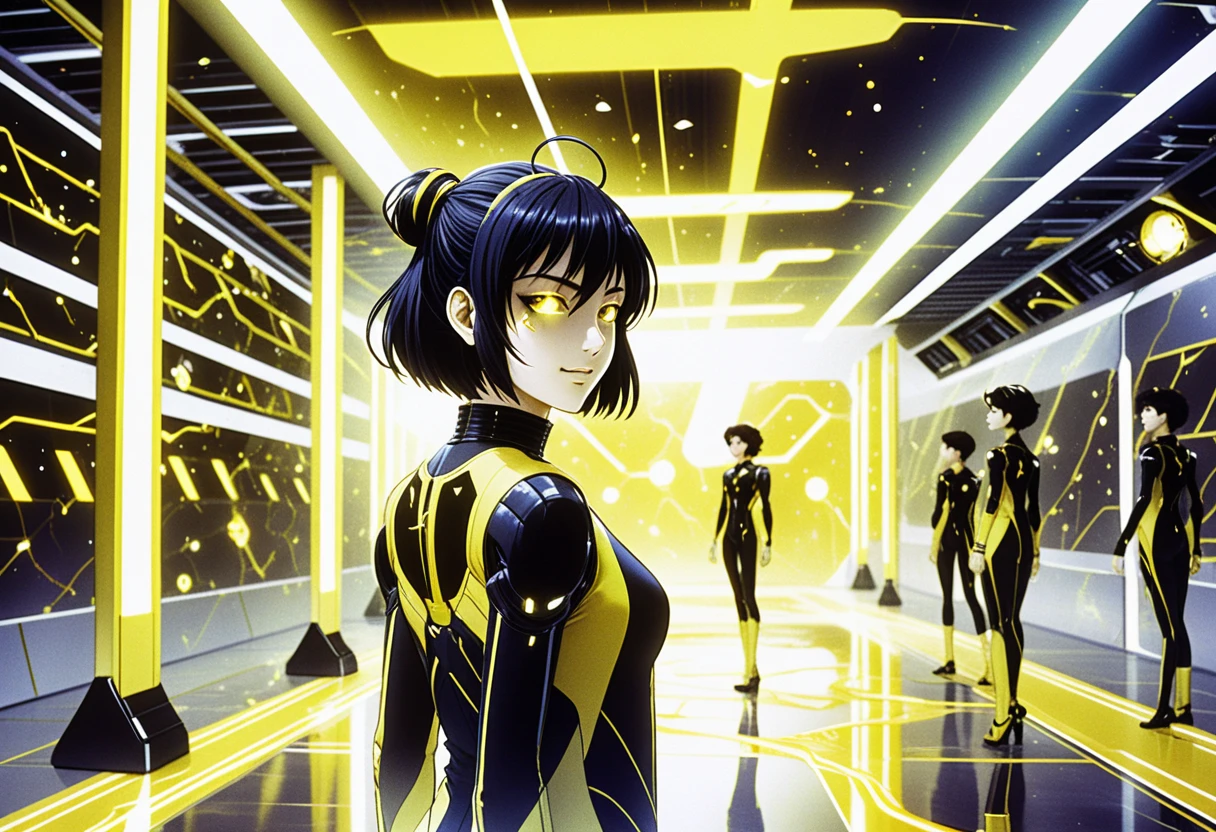 Anime girls in neon sci fi facility with yellow glow