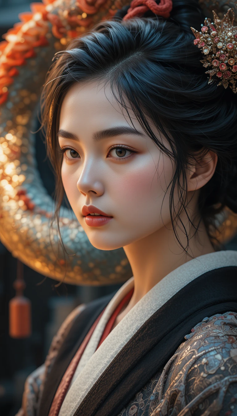 Pensive Japanese woman in kimono with half closed eyes