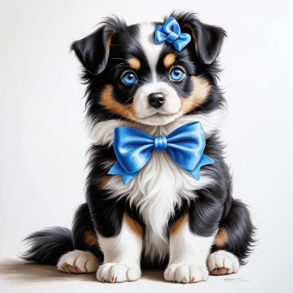 Cute fluffy black and white dog with bow and blue eyes