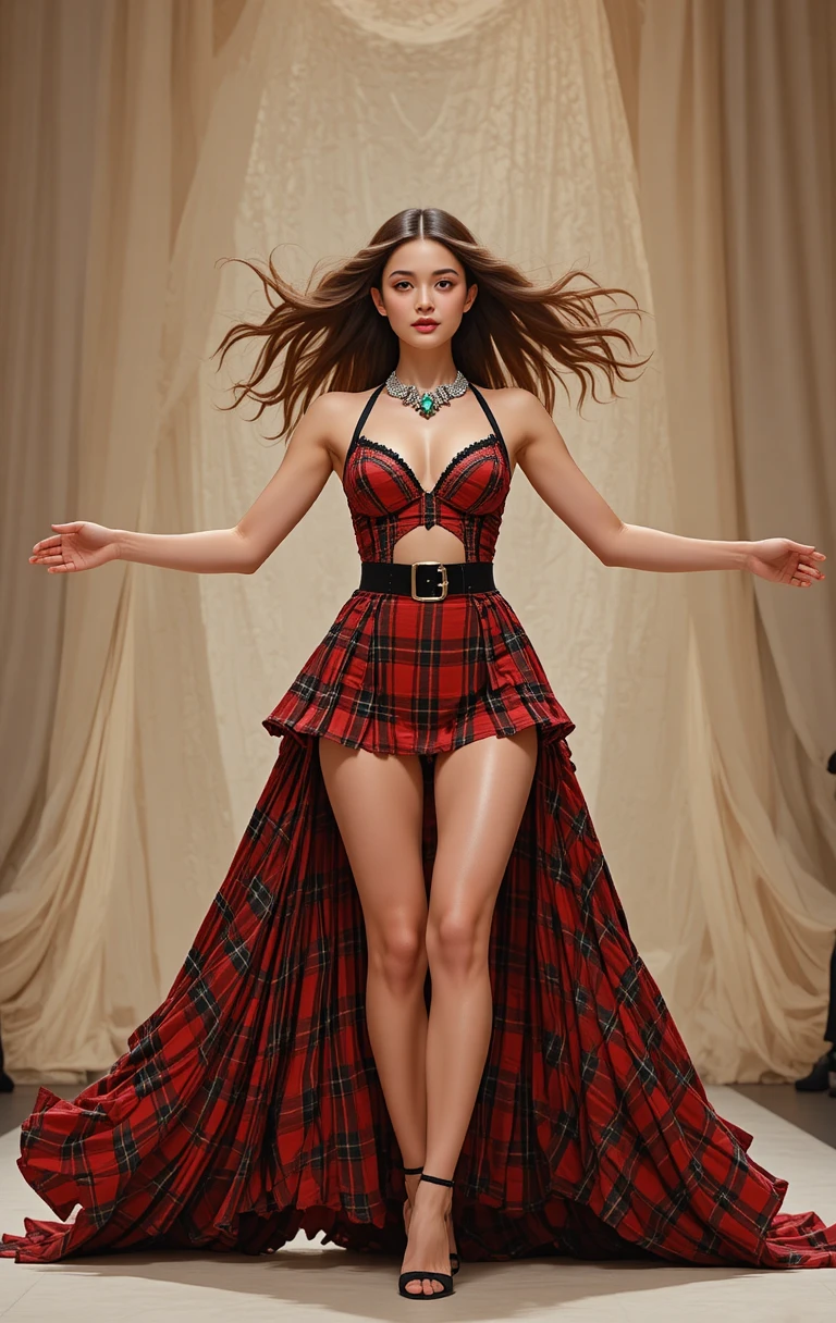 Confident model in red plaid lingerie on runway