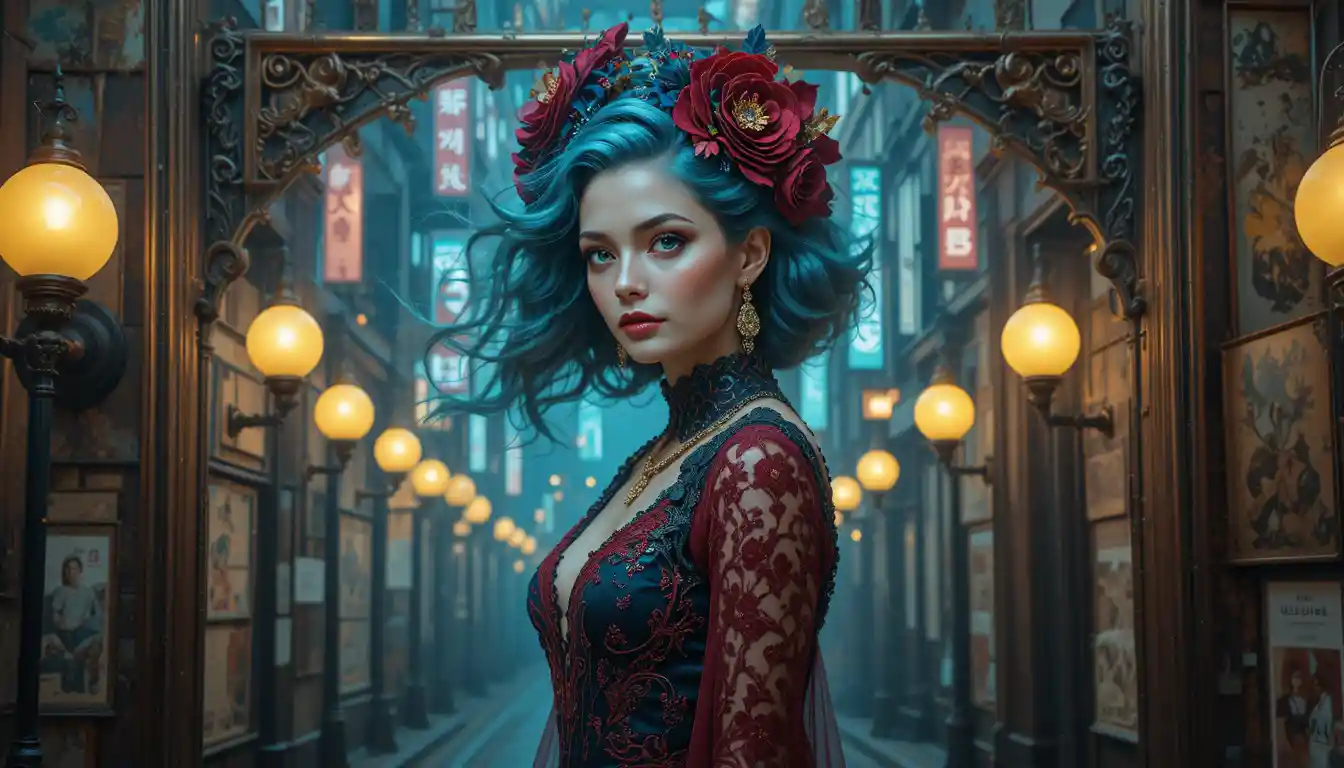 Ethereal fantasy woman with luminous globes and ornate frame