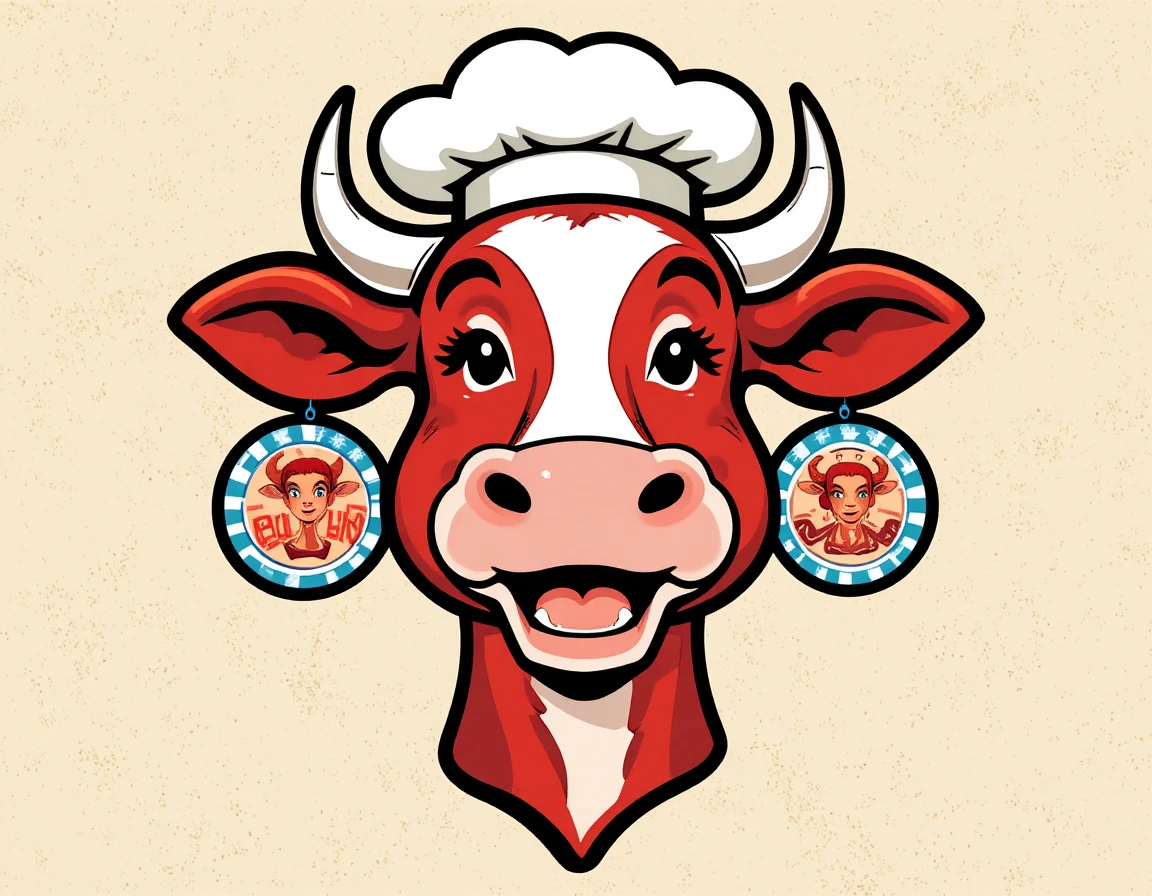 Cheerful red cow chef mascot with circular earrings