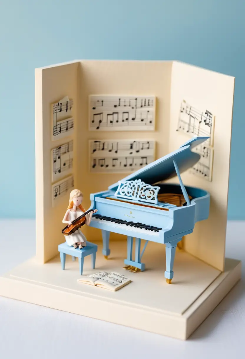 Miniature music lesson scene with tiny piano and students