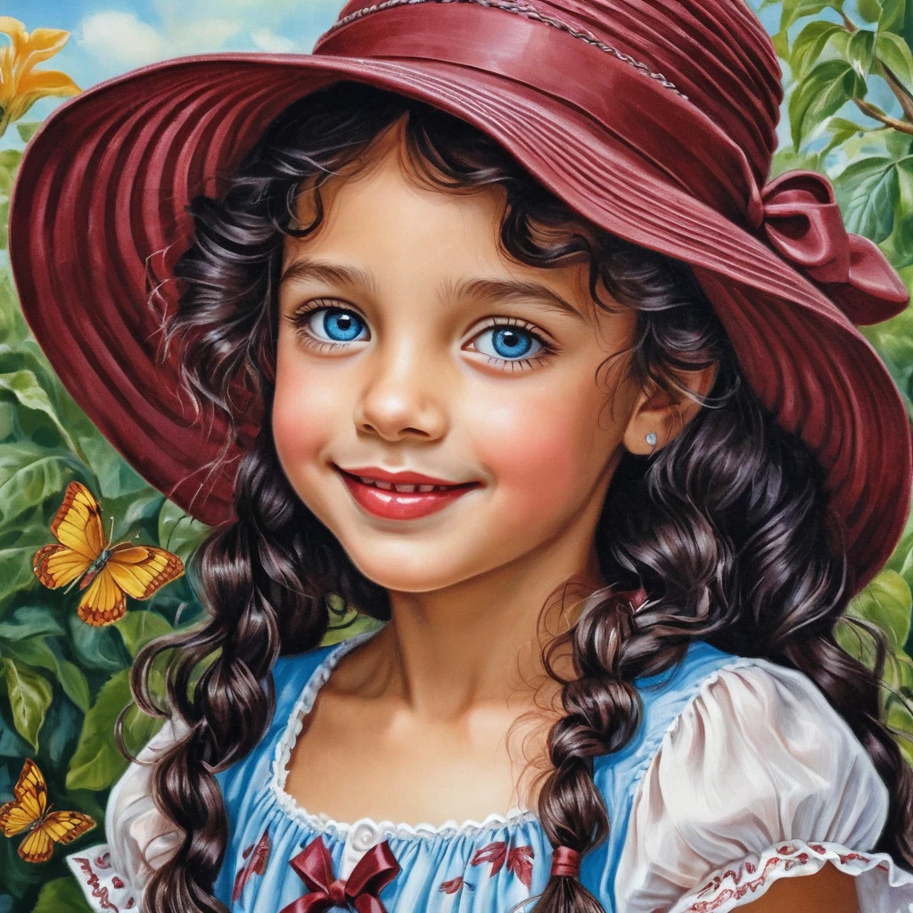 Smiling blue eyed girl in burgundy summer hat illustration