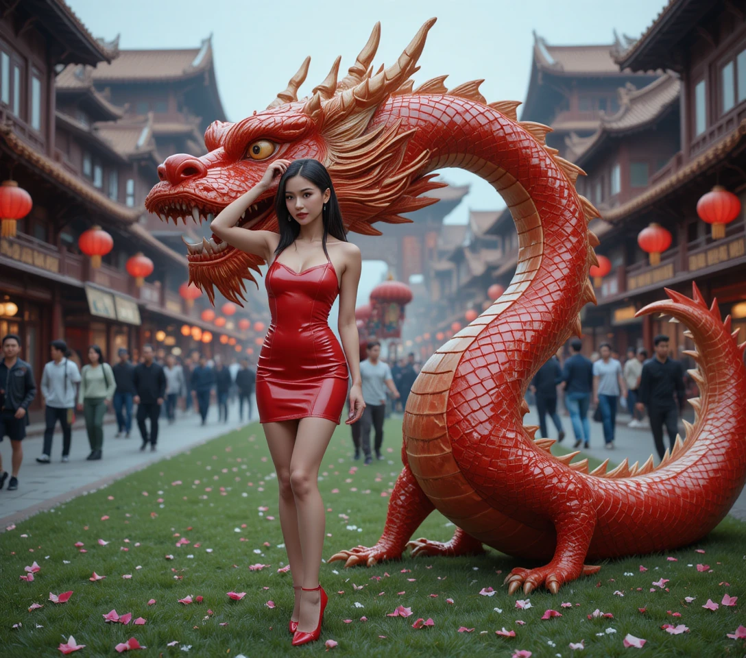 Woman in red dress beside Chinese dragon in festival street