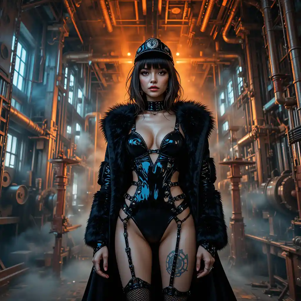 Cyber noir fashion woman in a steampunk photo studio