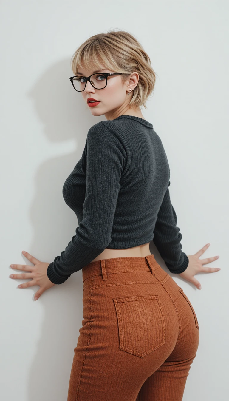 Blonde Frau mit Brille posiert vor weißer Studiowand
