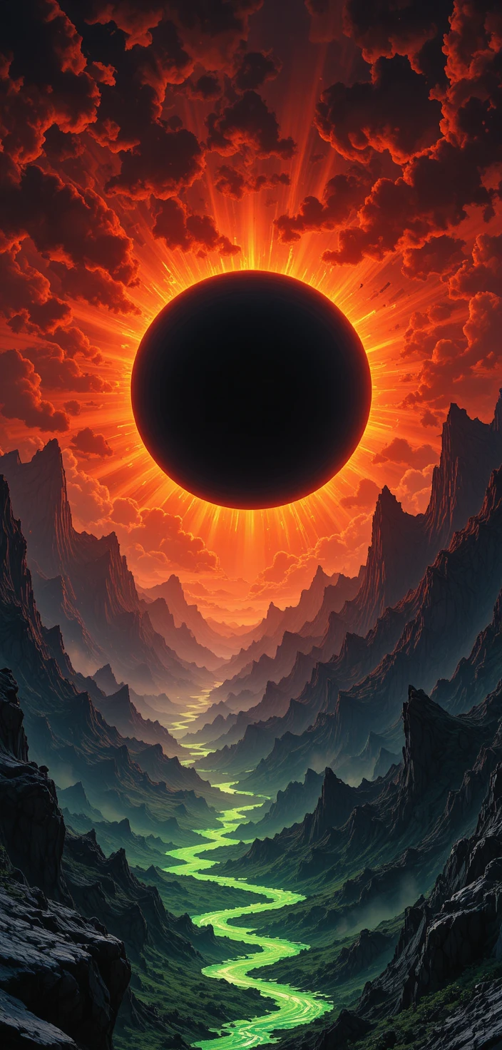 Alien valley under a black sun and blazing sky