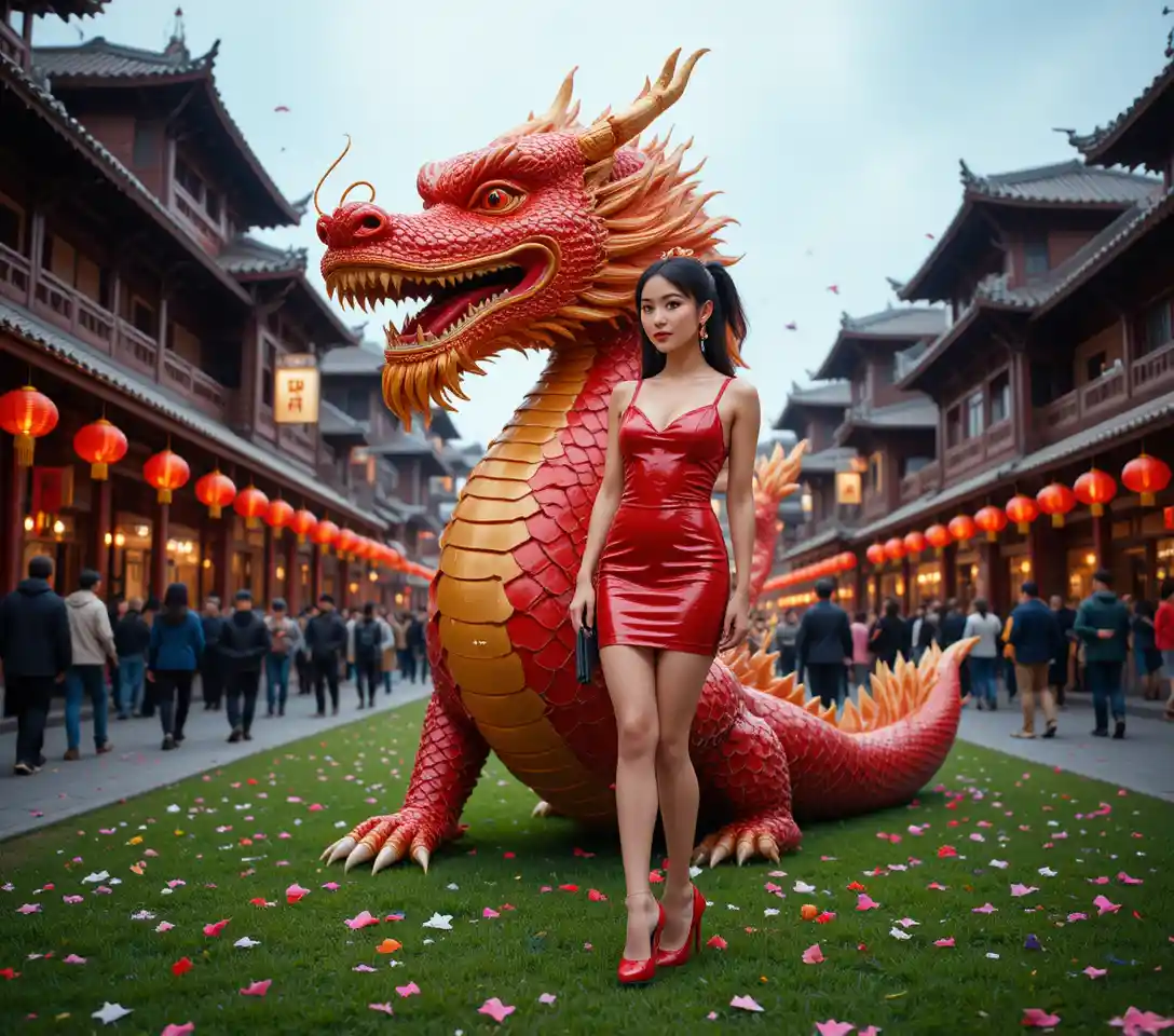 Woman in red dress beside dragon in festive Chinatown scene