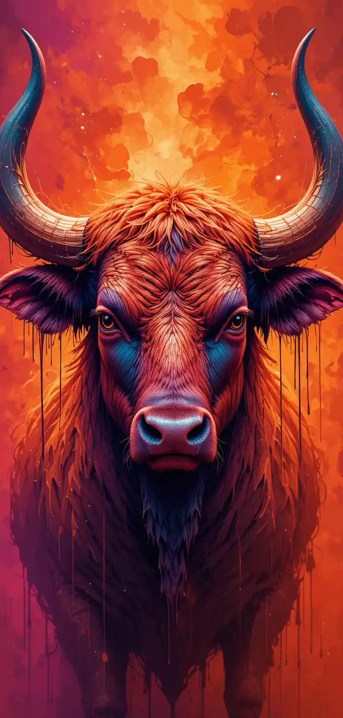 Vibrant digital bull with massive dripping horns