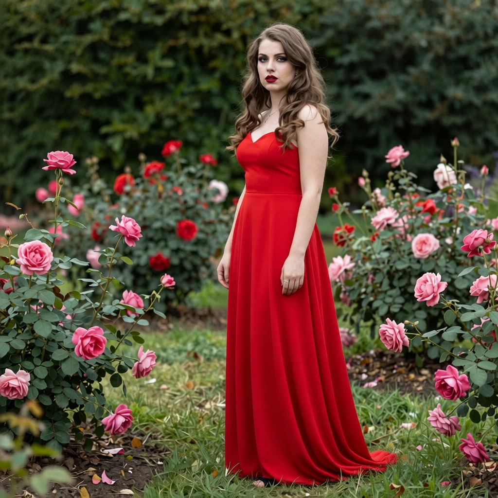 Girl in a long red frock with very long hair