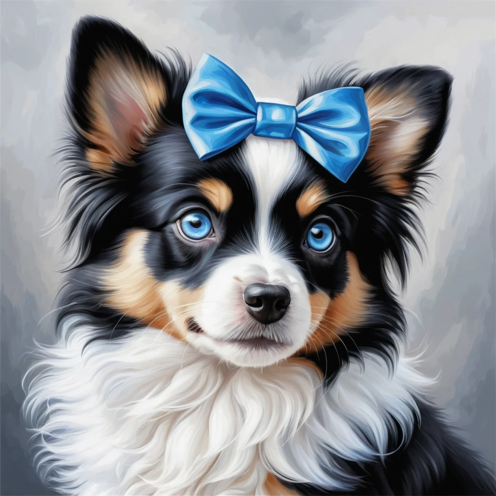 Cute fluffy black and white dog with blue eyes illustration