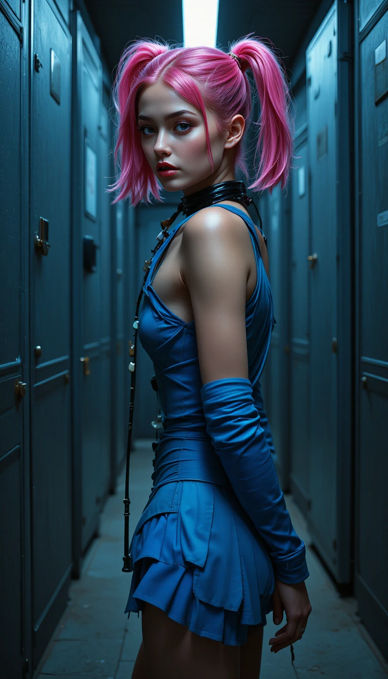 Bold pink haired woman in blue bodysuit in industrial room