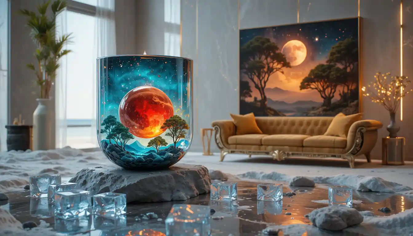 Futuristic glass sculptures with glowing red spheres