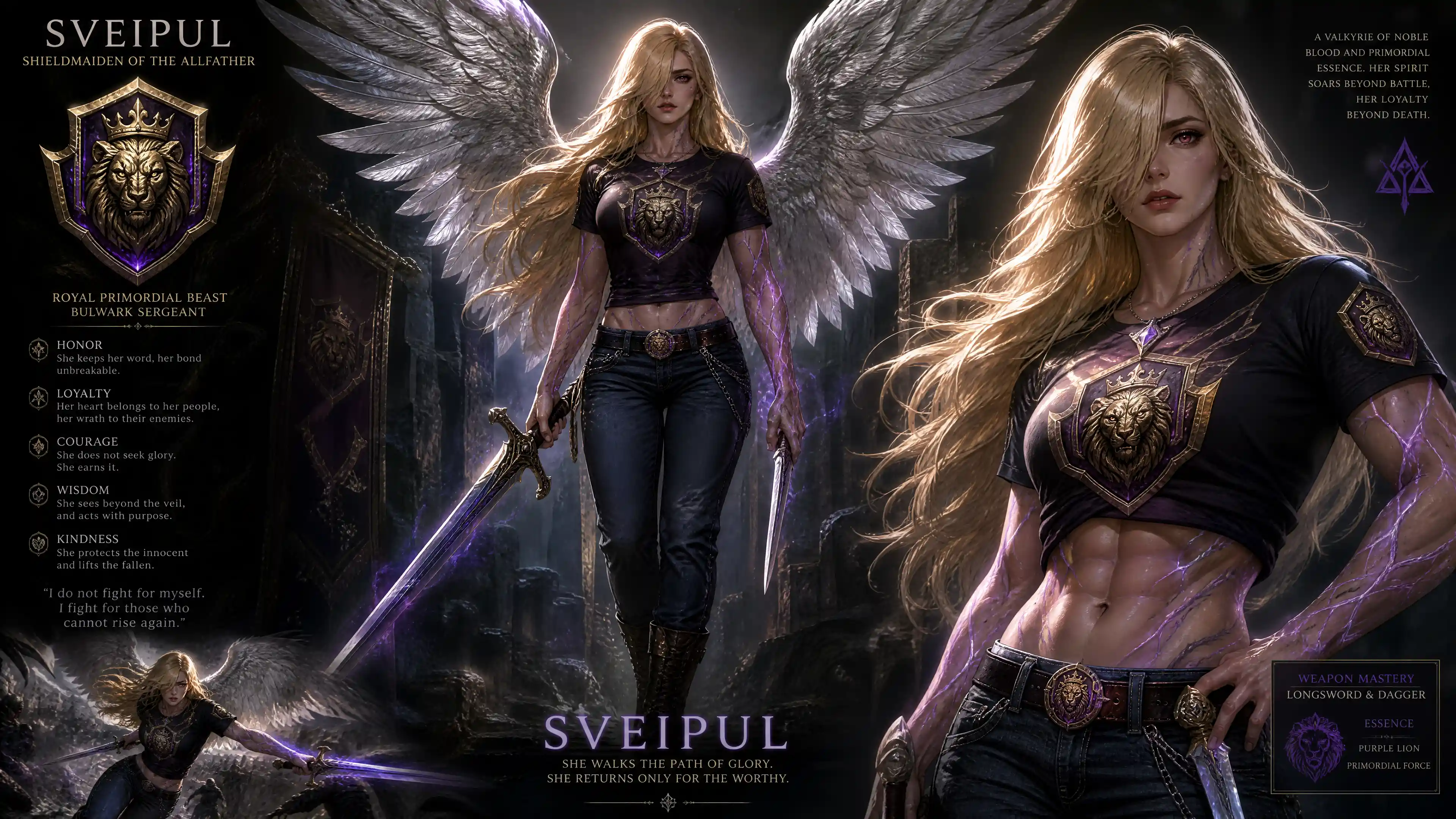 Golden haired valkyrie warrior with silver wings and sword