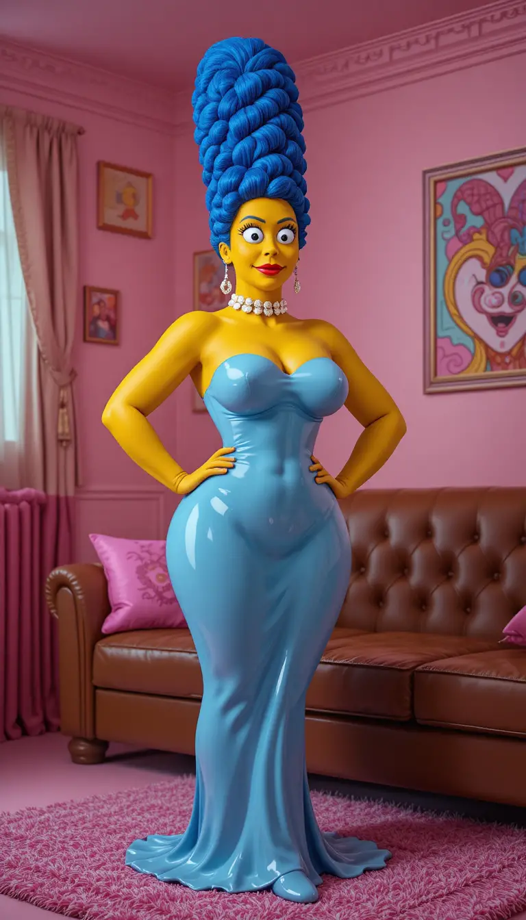 Curvy cartoon woman in blue latex lingerie standing in room