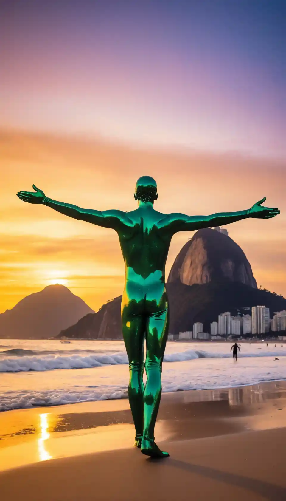Alien woman in glitter suit at Rio beach sunset