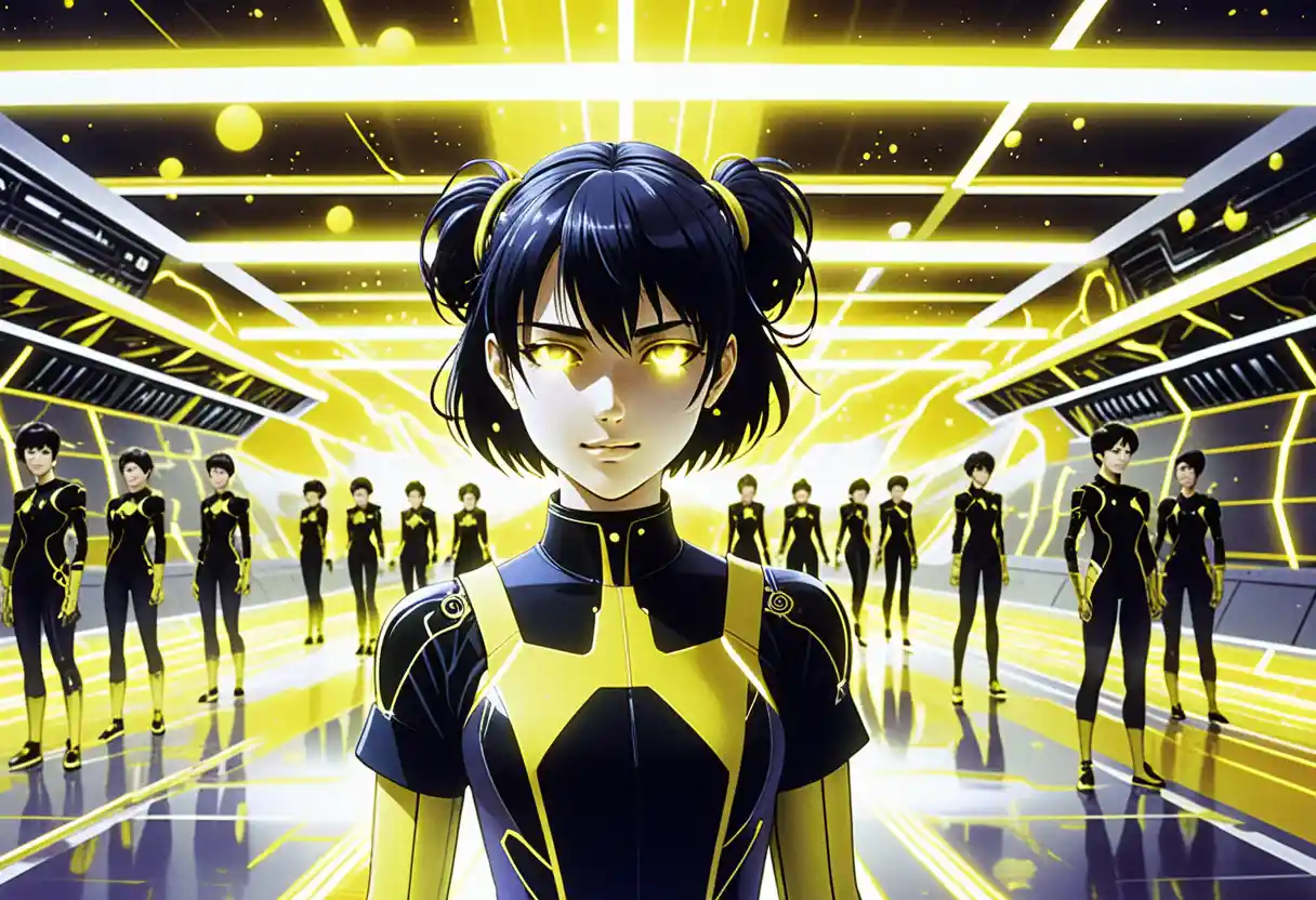 Anime girls in neon sci fi facility with glowing yellow light
