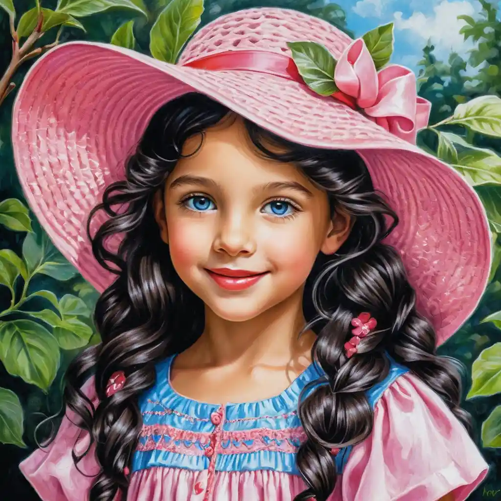 Smiling blue eyed girl in pink summer hat portrait