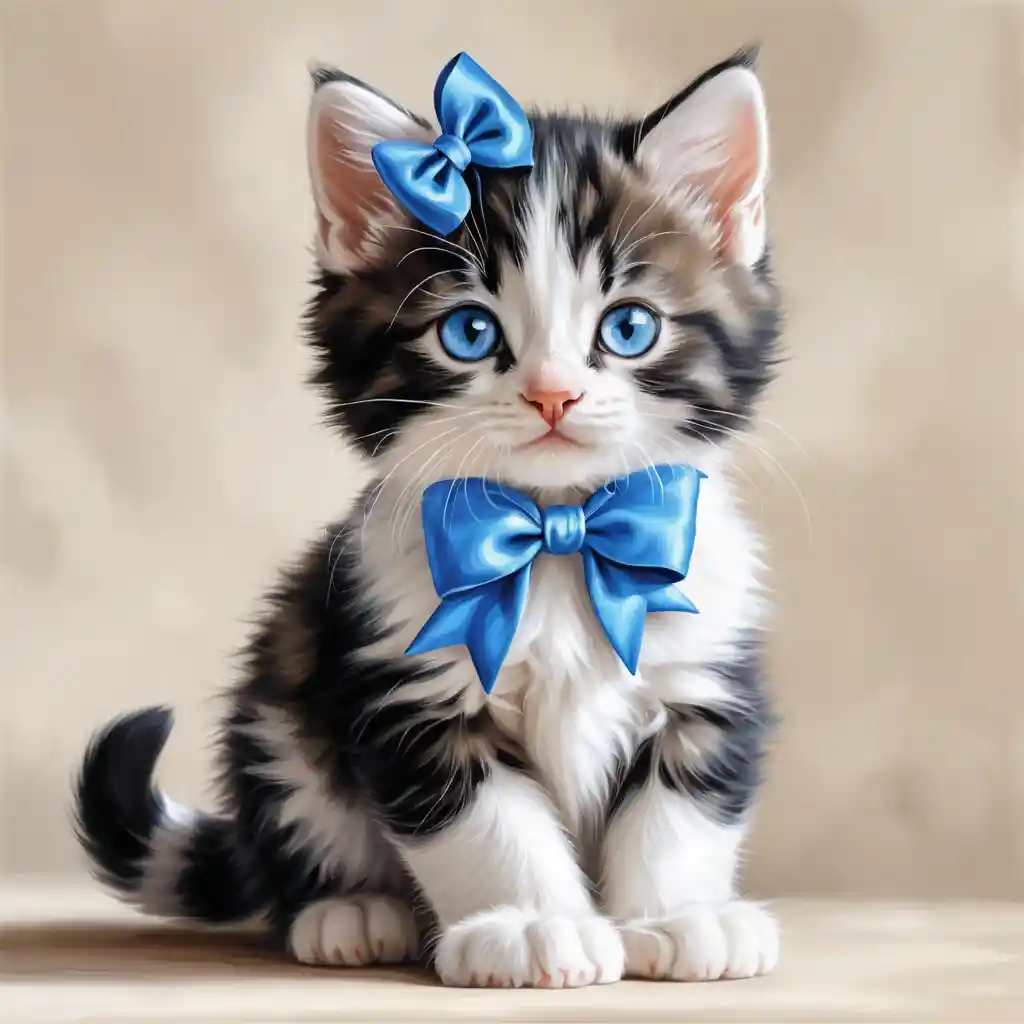 Cute tabby kitten with bow in colored pencil style