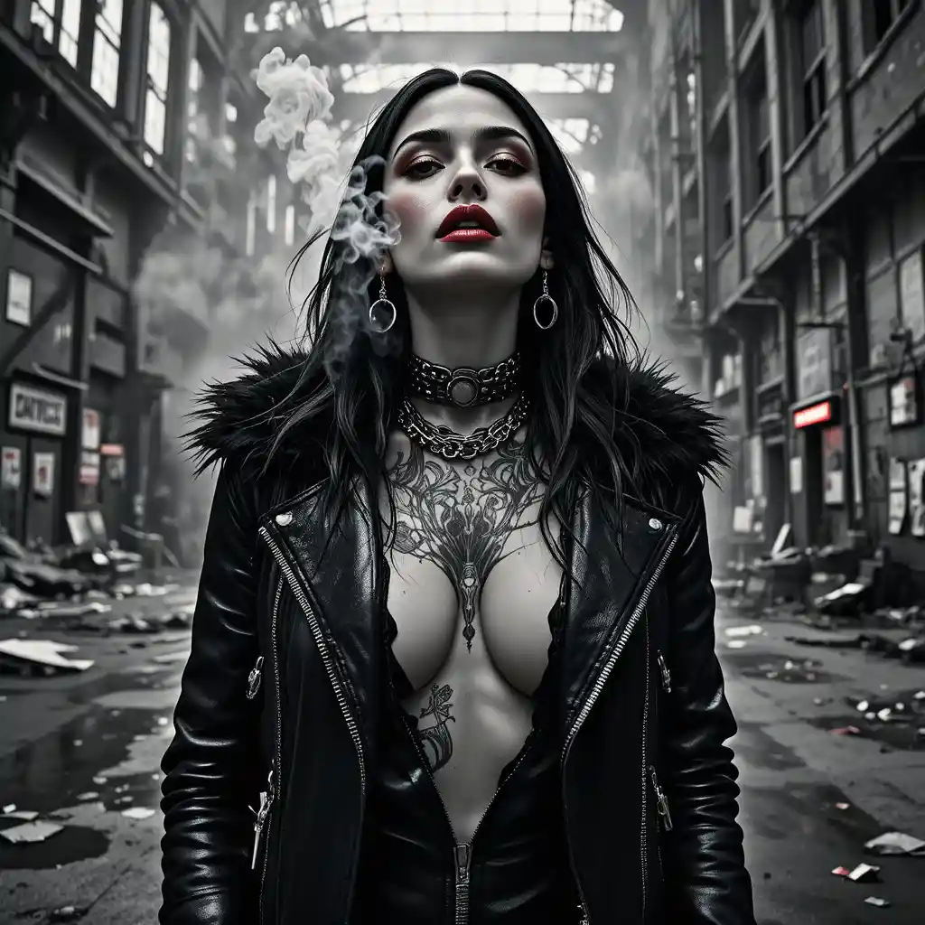 Noir fashion portrait of a woman in chains and smoke
