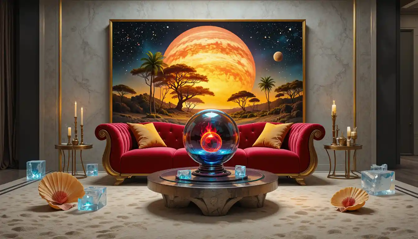 Futuristic velvet sofa before surreal swirling forest painting