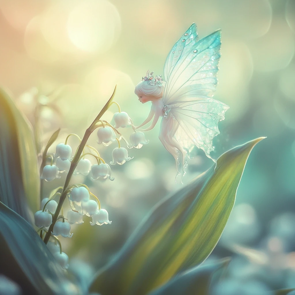 Fairy Drinking Nectar On Lily Of The Valley Stem