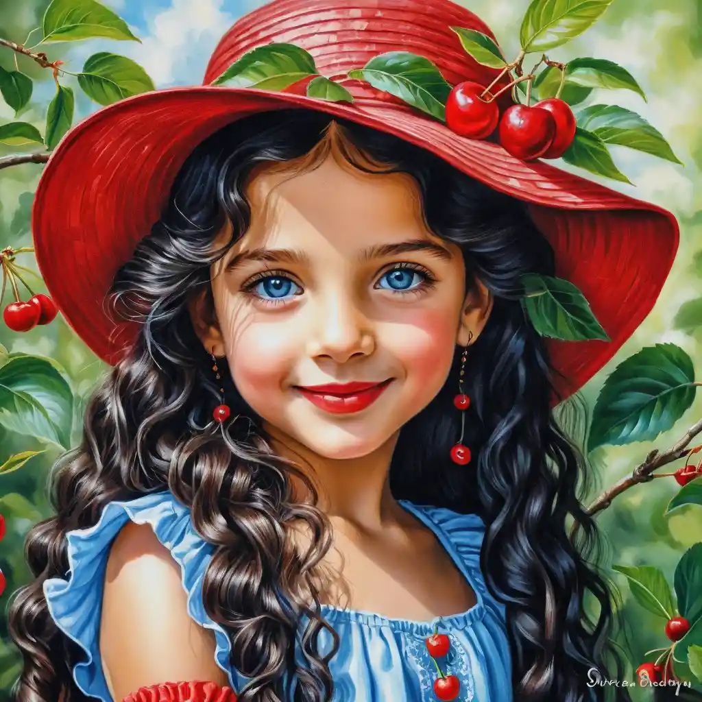 Smiling Girl In Red Summer Hat And Dress Illustration