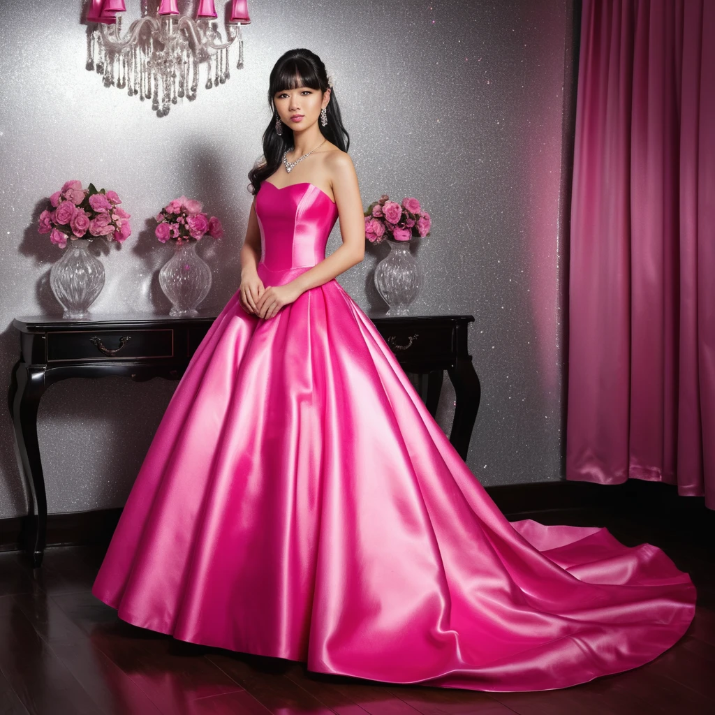 Elegant Japanese girl in hot pink satin ball gown
