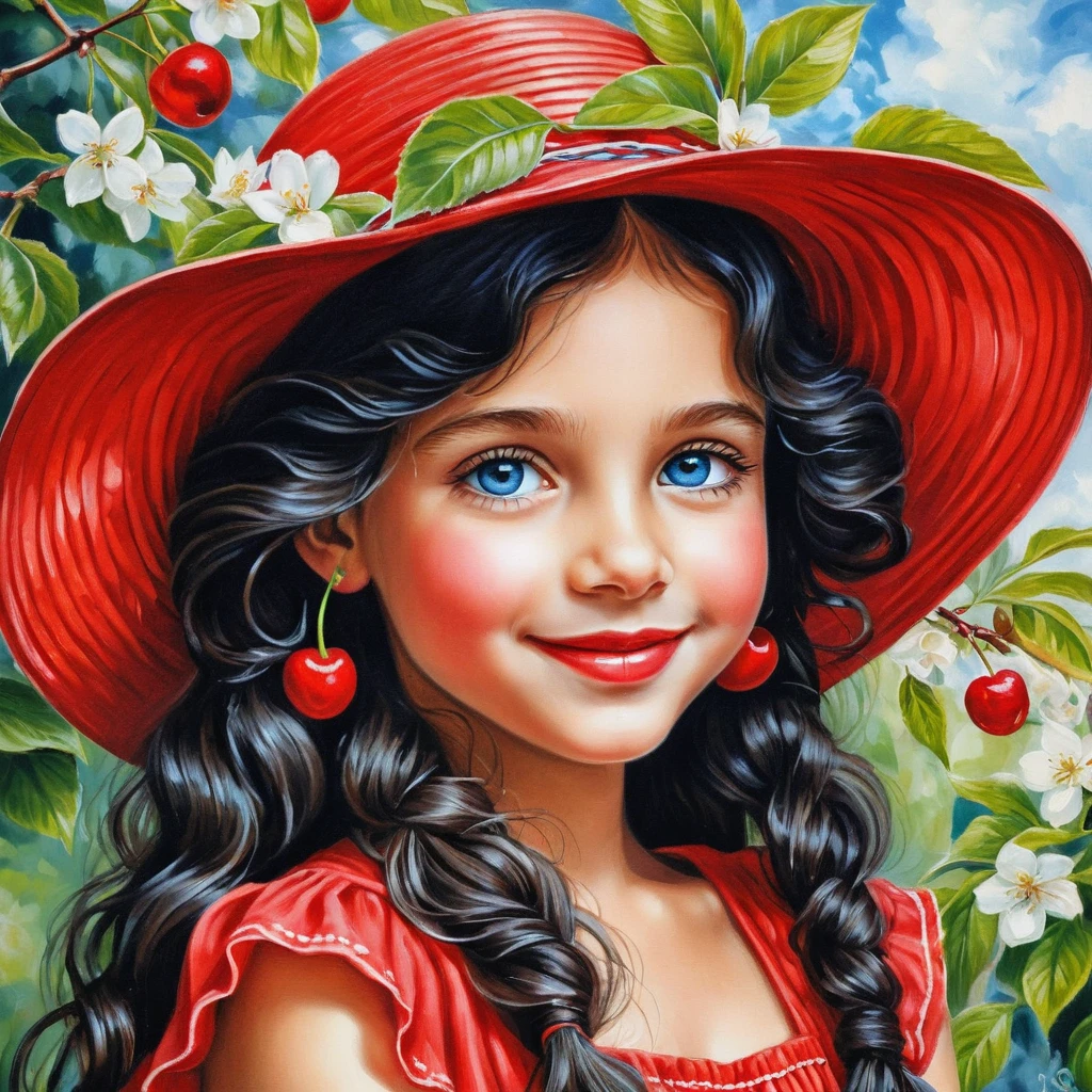 Smiling girl in cherry red summer hat and dress