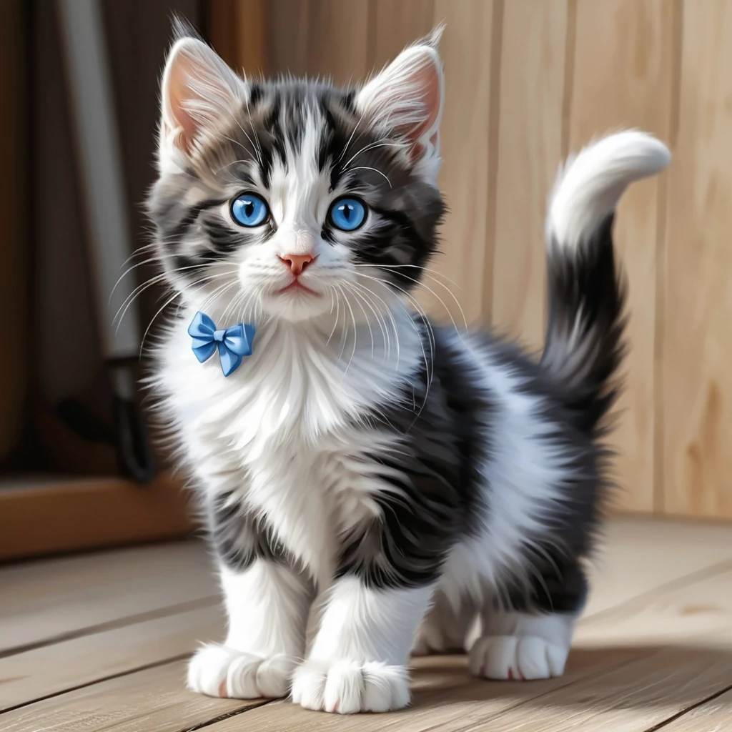 Cute tabby kitten with bow in colored pencil style