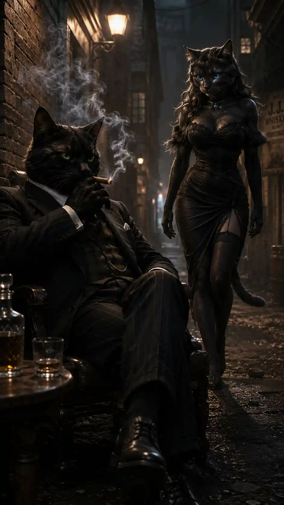 Black gangster cat smoking in a dim urban alley