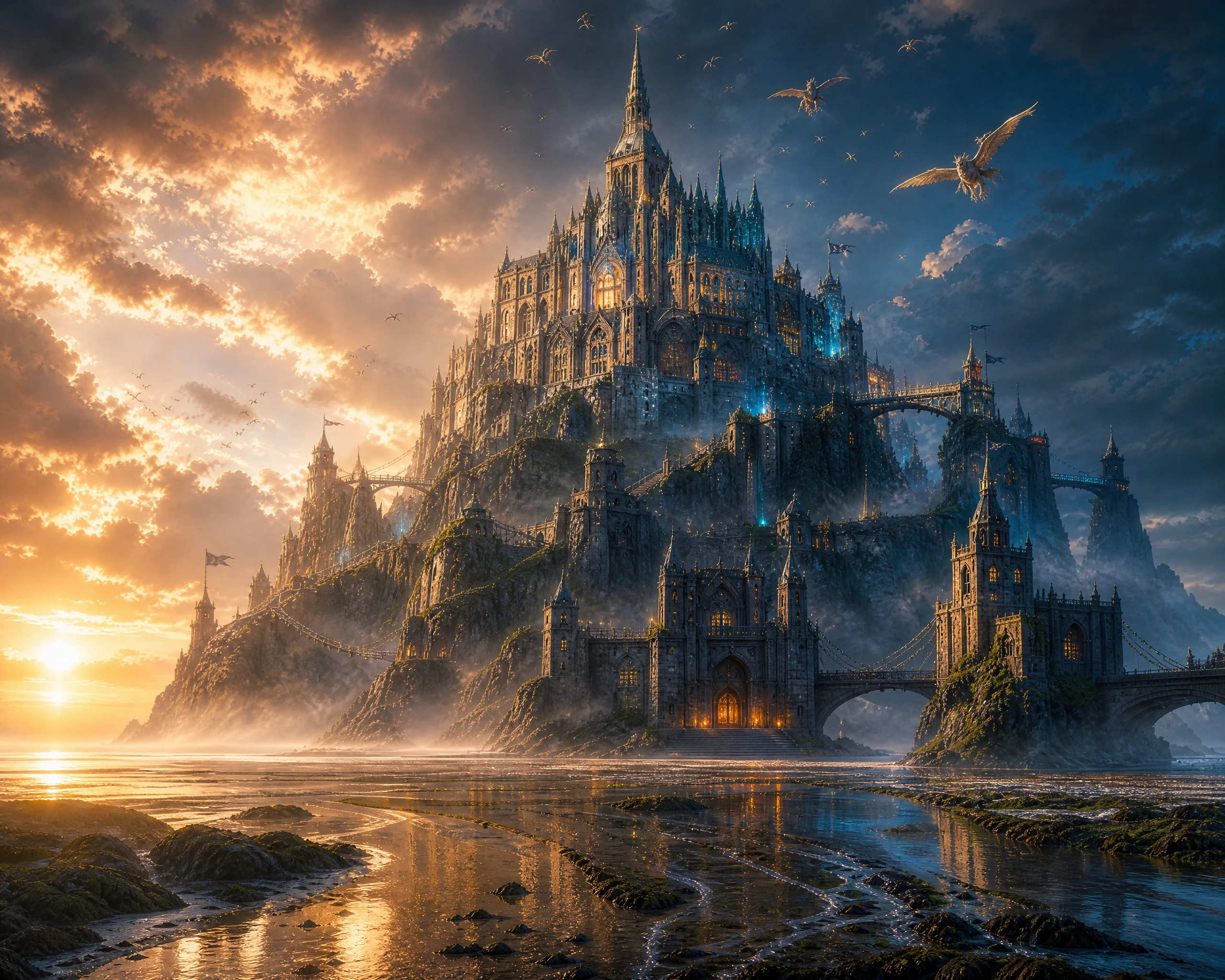 Epic fantasy island citadel inspired by Mont Saint Michel