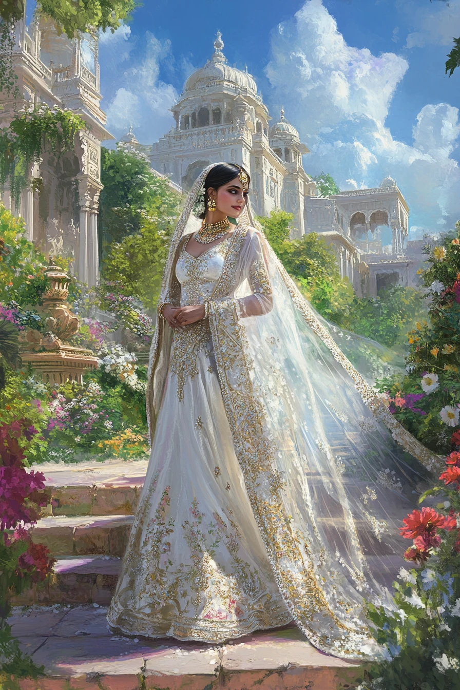 Indian bride in white gown at grand palace entrance