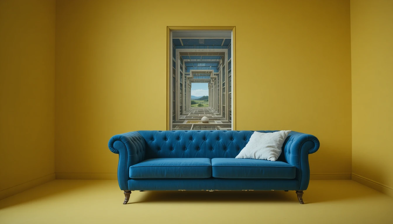 Blue velvet couch in a yellow room with landscape portal