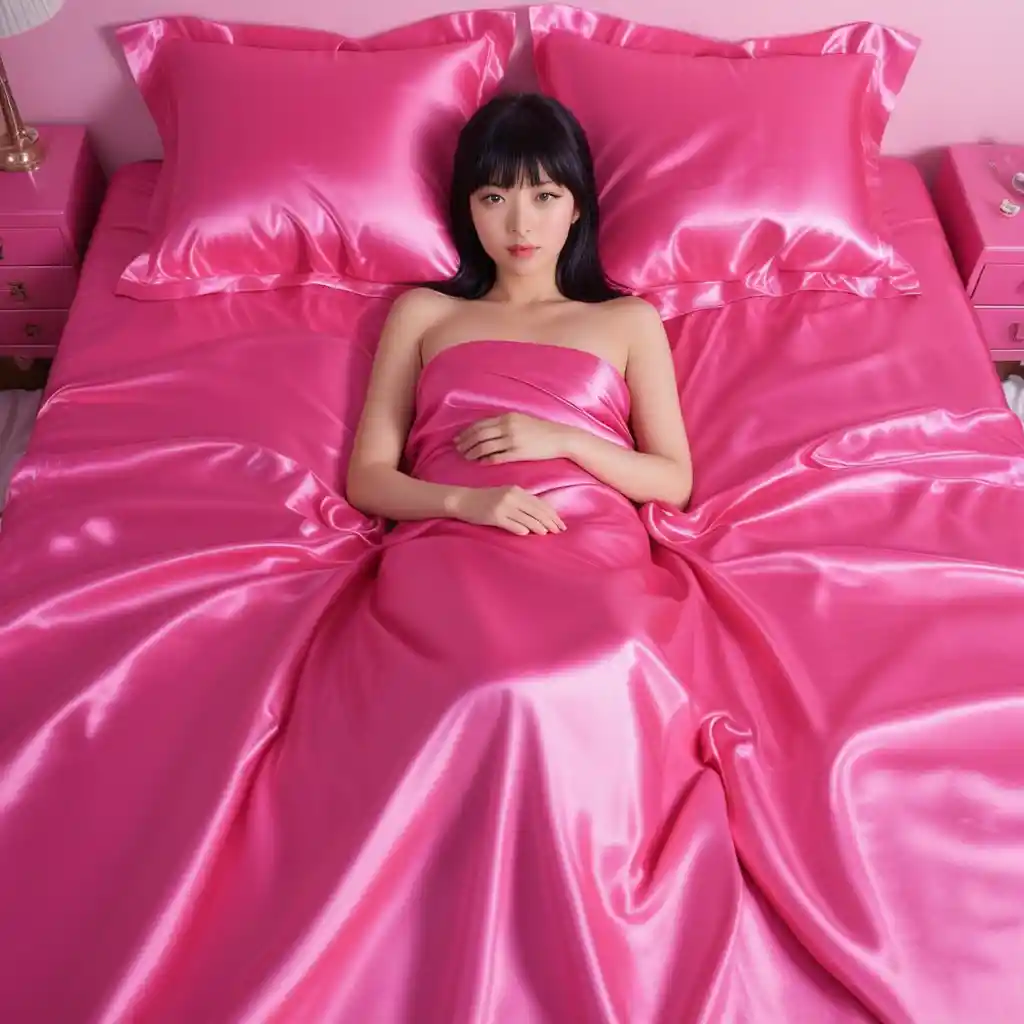 Japanese woman lying on hot pink satin bed sheets