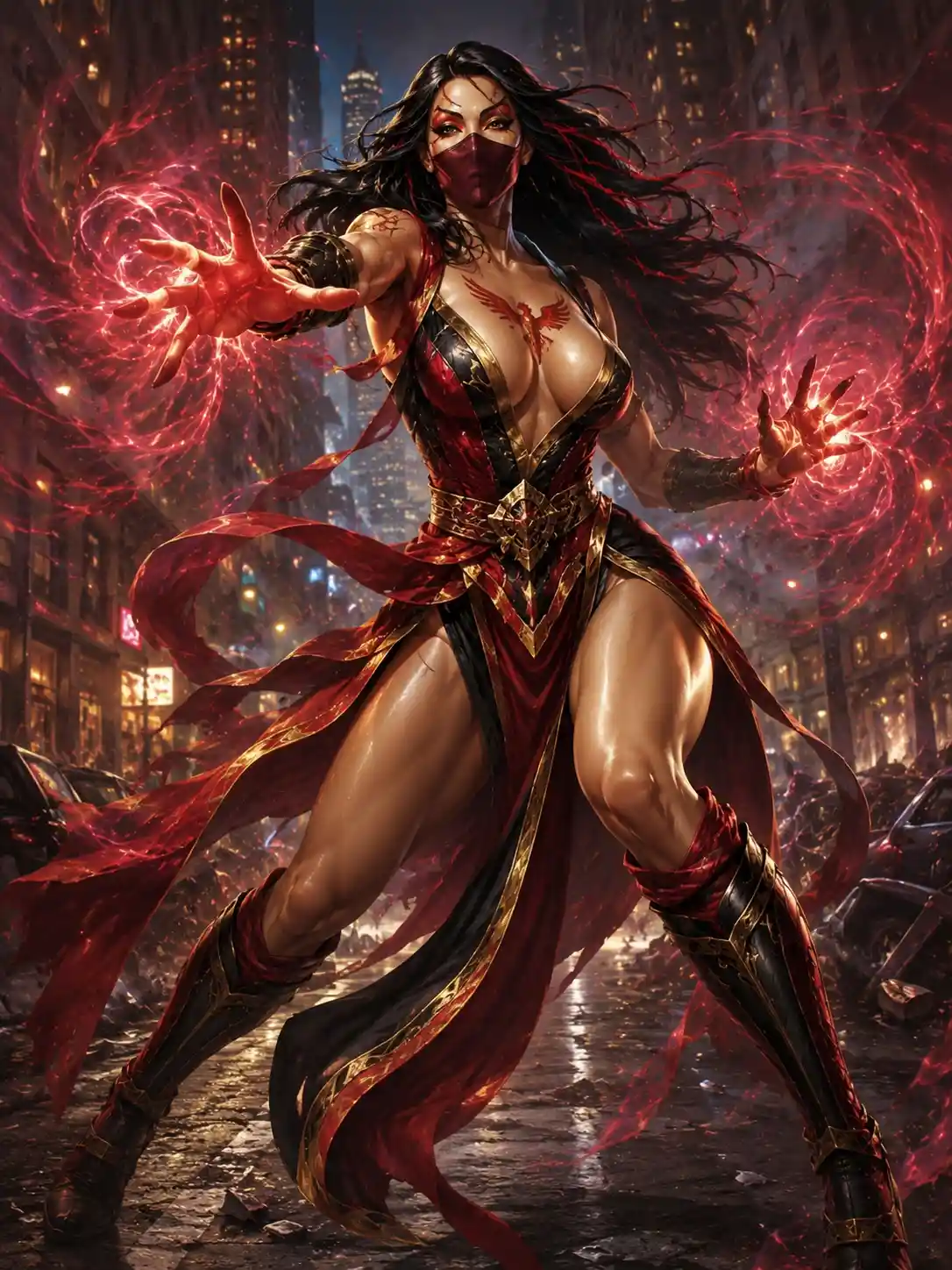 Mystic raven haired warrior casting red urban fire magic