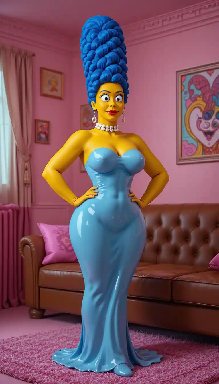 Curvy cartoon woman in blue latex lingerie standing in room