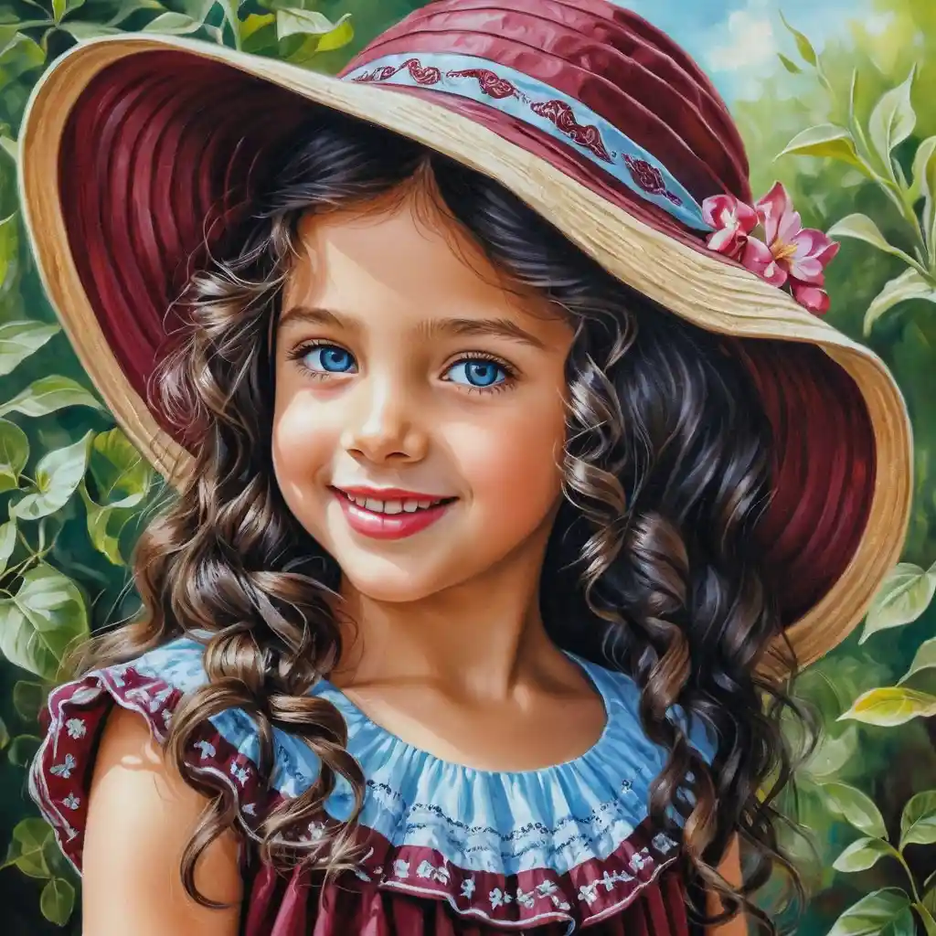 Smiling blue eyed girl in burgundy summer hat portrait