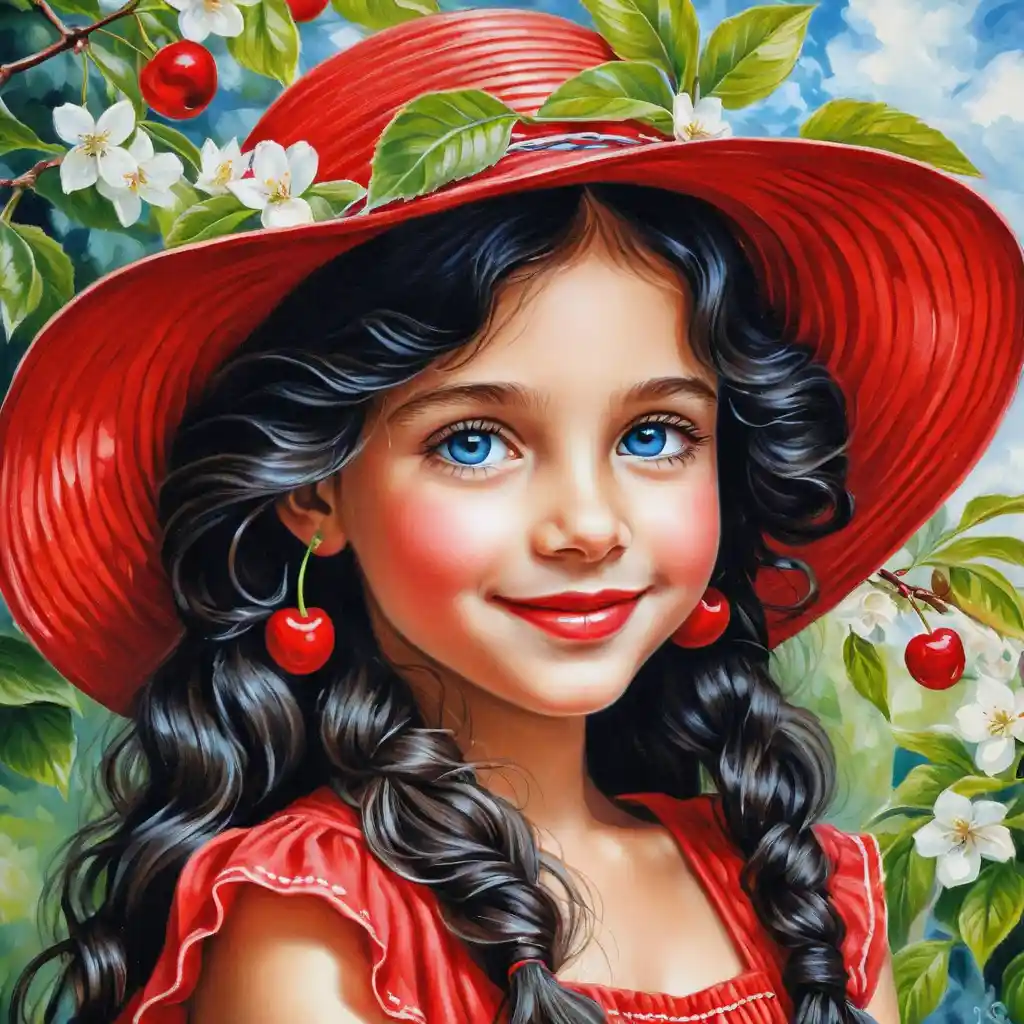 Smiling girl in cherry red summer hat and dress