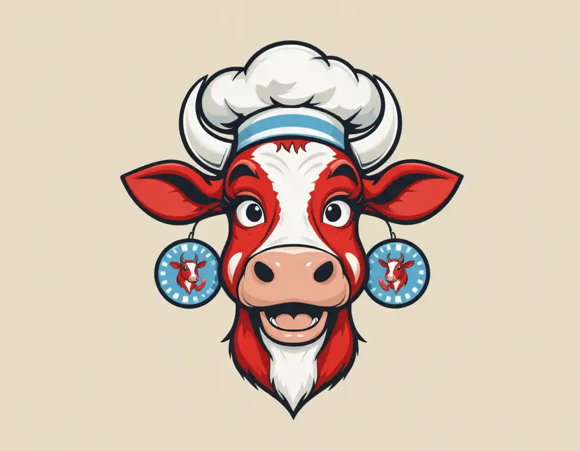 Cheerful red cow chef mascot with retro logo style