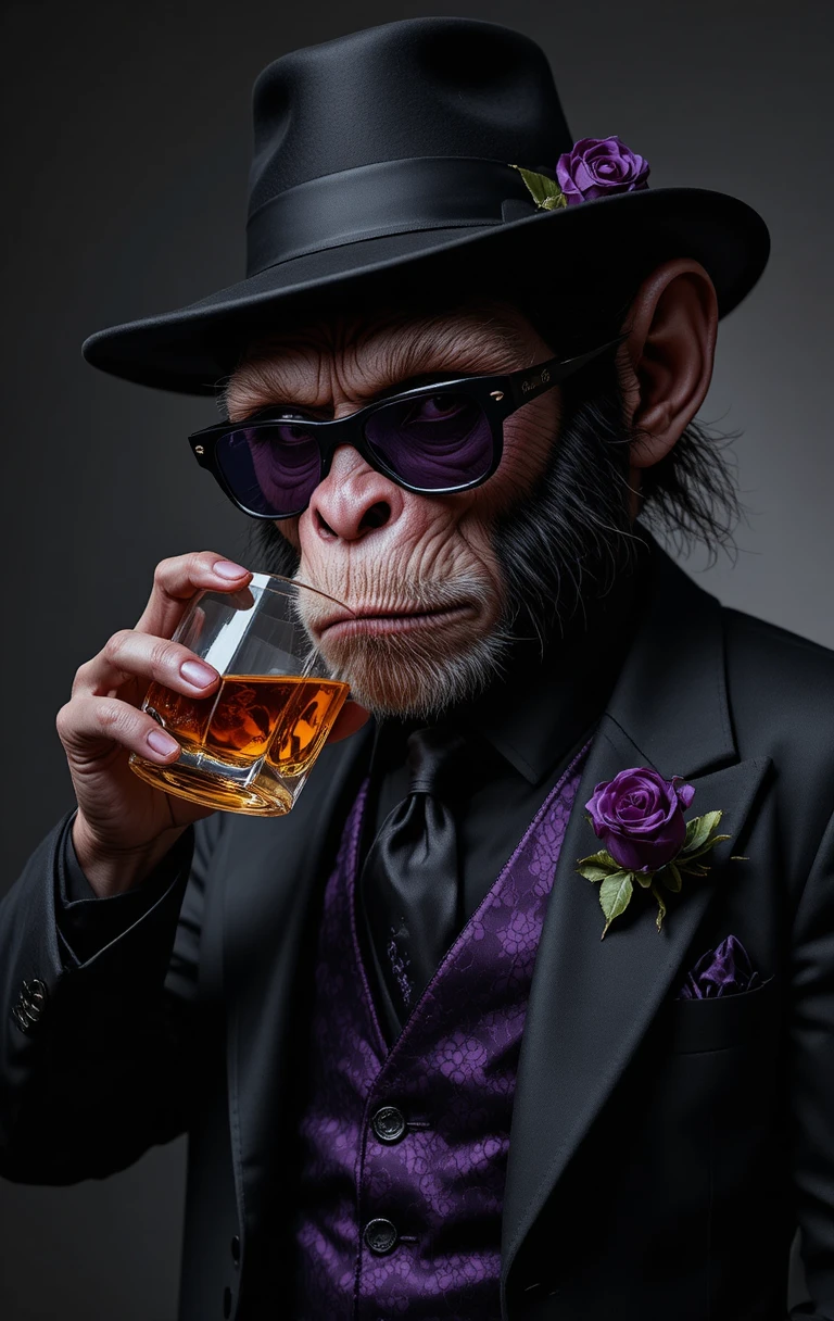 Serious mafia monkey in a sharp black suit with whiskey