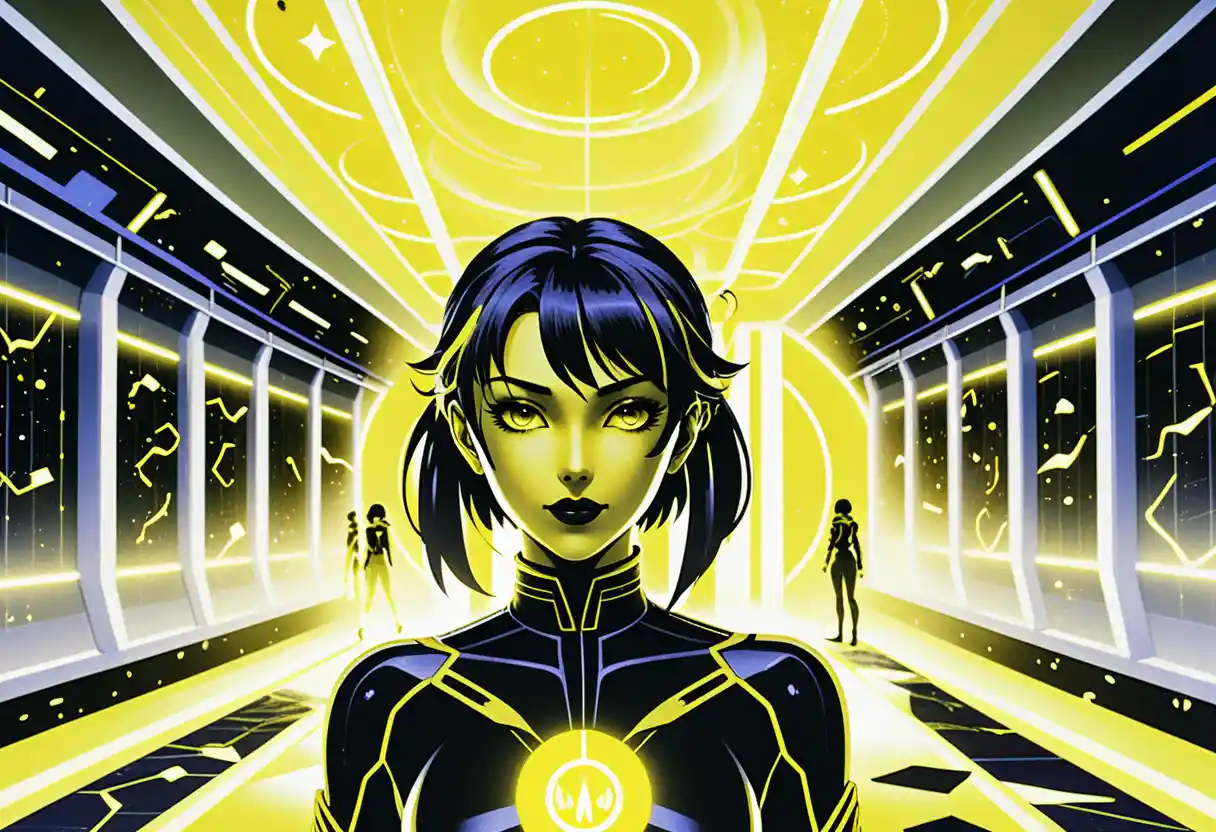 Anime girls in a futuristic neon sci fi laboratory