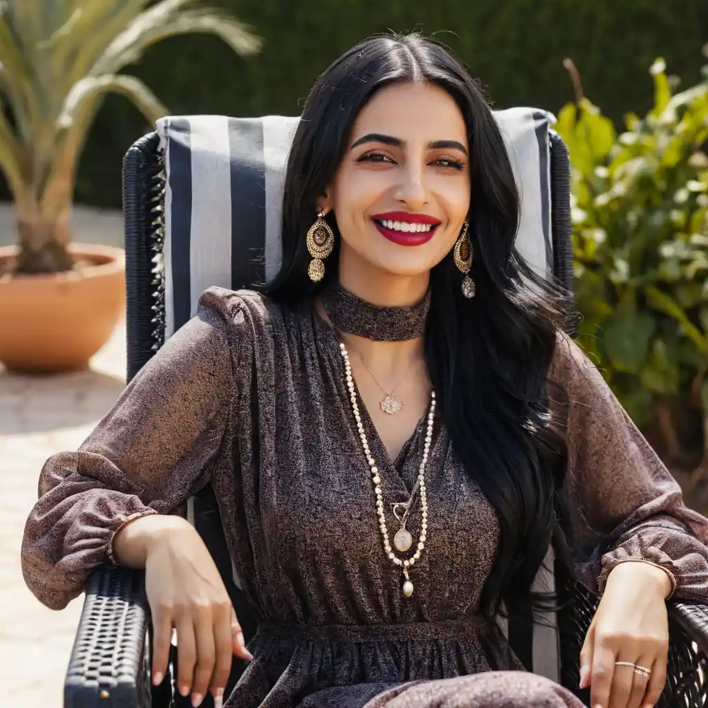 Smiling woman in maxi dress relaxing in the sun outdoors
