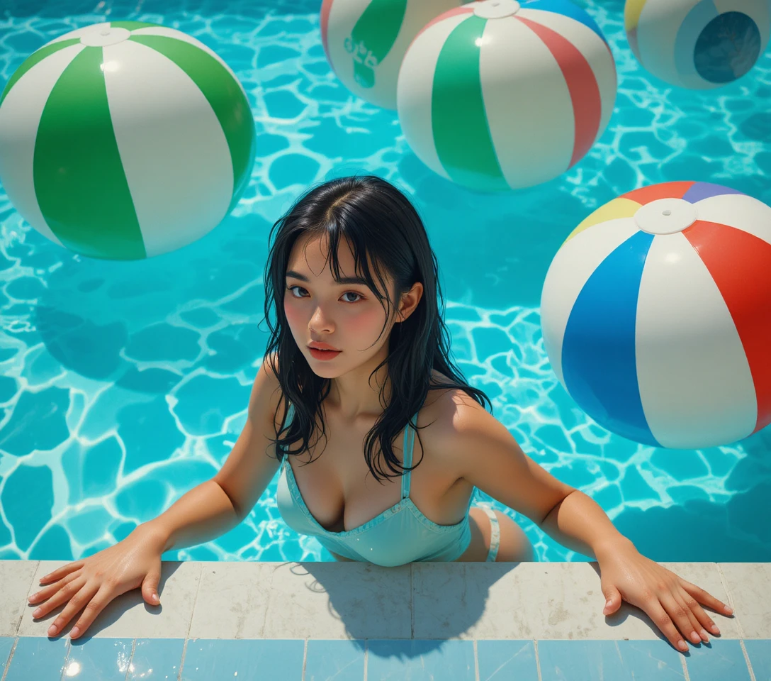 Young woman relaxing in a sunlit swimming pool